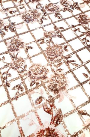 rosegold négyzetrácsos rózsás csipke anyag metál flitterrel