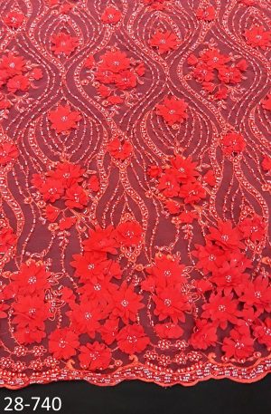 28-740-4 Piros 3D virágos, gyöngyös csipkeanyag