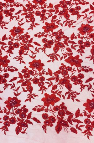 Piros telibe hímzett csipke anyag – flitterekkel díszítve