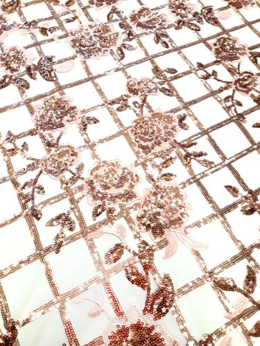 rosegold négyzetrácsos rózsás csipke anyag metál flitterrel