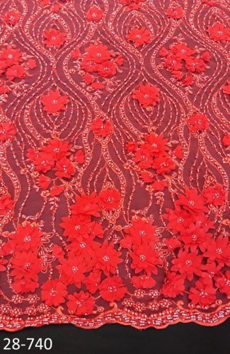 28-740-4 Piros 3D virágos, gyöngyös csipkeanyag