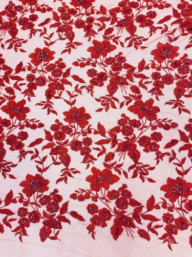 Piros telibe hímzett csipke anyag – flitterekkel díszítve