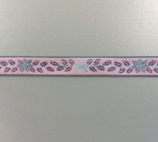 Rózsaszín és kék  mintás szalag, egy színoldalú.

Szélessége: 1,2 cm